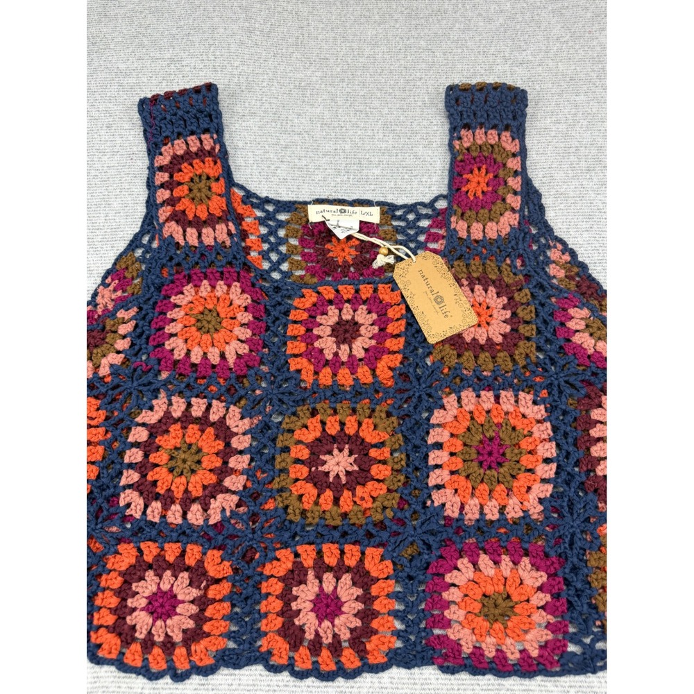 Natural Life Crochet Granny Square Tank Top Multicolor Boho Crop L/XL TOP963 NEW - Picture 9 of 11
